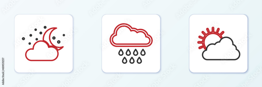 Set line Sun and cloud weather, Cloud with moon stars and rain icon. Vector Set line Sun and cloud weather, Cloud with moon stars and rain icon. Vector