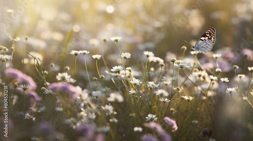 Background of wildflowers chamomile and purple wild pea with sunlight. Generative AI image