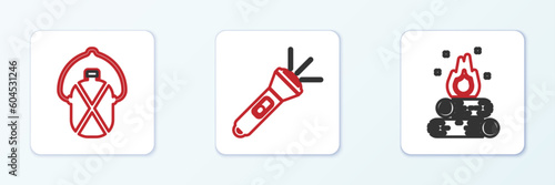 Set line Campfire, Canteen water bottle and Flashlight icon. Vector