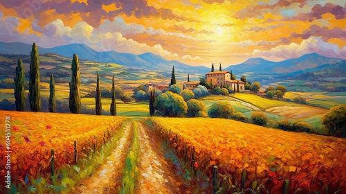 The sun breaks through the clouds in this superb scenic Tuscany landcape consisting of vineyards,Generative AI