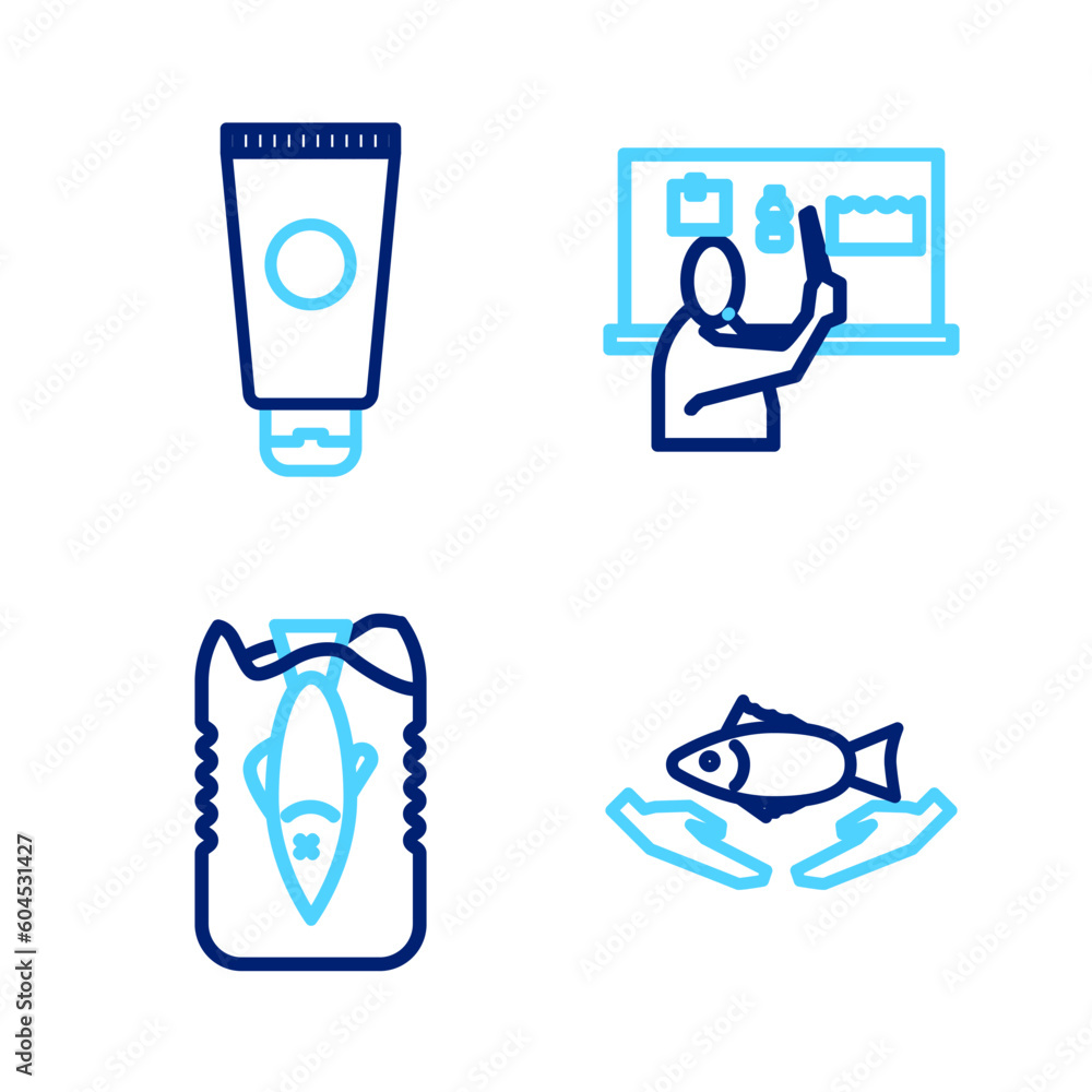 Set line Fish care, Stop ocean plastic pollution, and Cream cosmetic tube icon. Vector