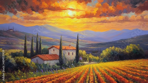 The sun breaks through the clouds in this superb scenic Tuscany landcape consisting of vineyards,Generative AI