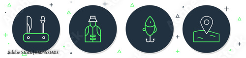 Set line Fisherman, Fishing lure, Swiss army knife and Location fishing icon. Vector
