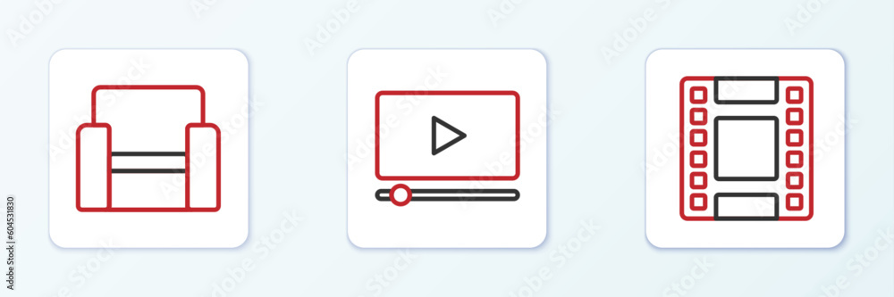 Set line Play Video, Cinema chair and Online play video icon. Vector Set line Play Video, Cinema chair and Online play video icon. Vector