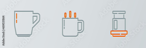 Set line Aeropress coffee, Coffee cup and icon. Vector