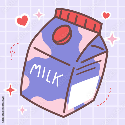 Kawaii food cartoon of fresh milk box drink. Vector icon of cute bottle drink with japanese doodle style for kid product, sticker, shirt with blue background flat illustration