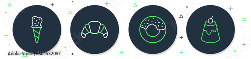 Set line Croissant, Donut, Ice cream in waffle cone and Pudding custard icon. Vector
