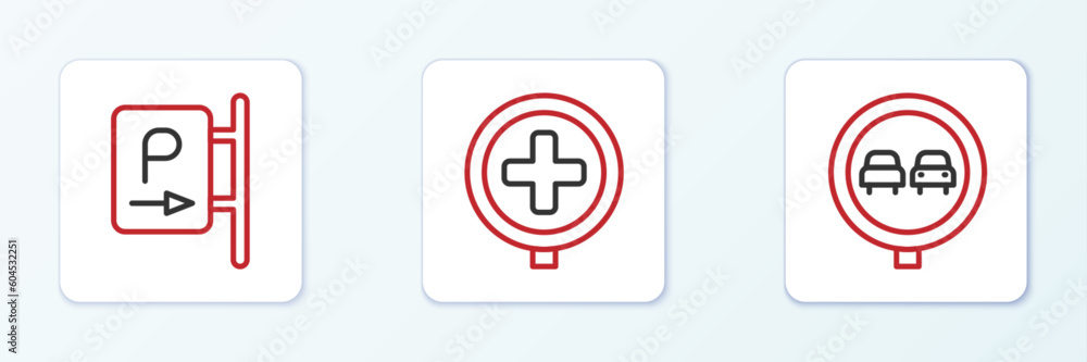 Set line No overtaking road traffic, Parking and Hospital icon. Vector Set line No overtaking road traffic, Parking and Hospital icon. Vector
