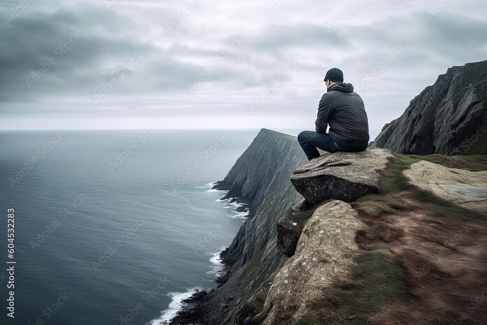 A man sitting on a hill and watching the sea