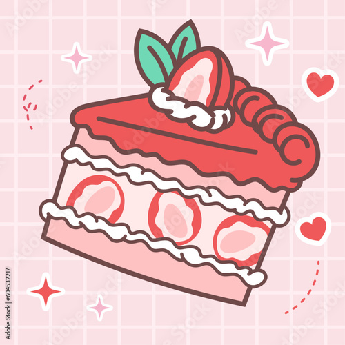 Kawaii food of cute strawberry cheese cake vector illustration with japanese doodle style for kid product, sticker, shirt with pink background