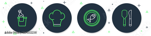 Set line Chef hat, Served fish on plate, Champagne in an ice bucket and Knife and spoon icon. Vector