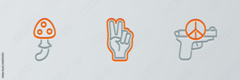 Set line No war, Psilocybin mushroom and Peace symbol icon. Vector Set line No war, Psilocybin mushroom and Peace symbol icon. Vector