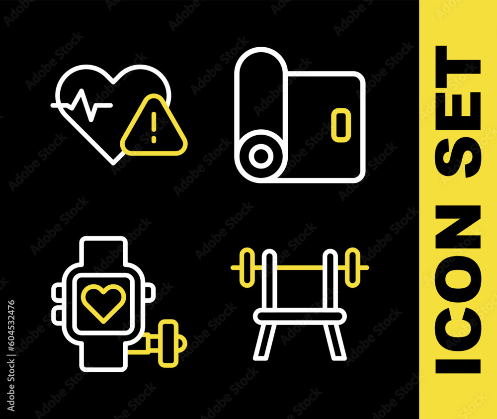 Set line Fitness mat roll, Bench with barbell, Smart watch heart and Heart rate icon. Vector Set line Fitness mat roll, Bench with barbell, Smart watch heart and Heart rate icon. Vector