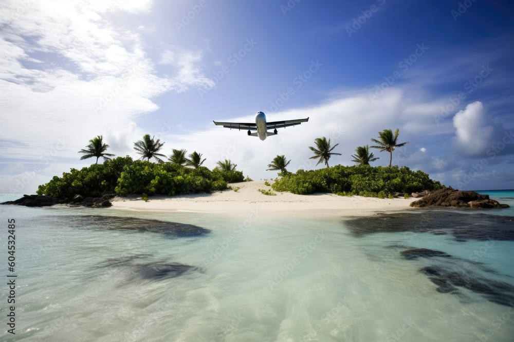 Plane flying through an island