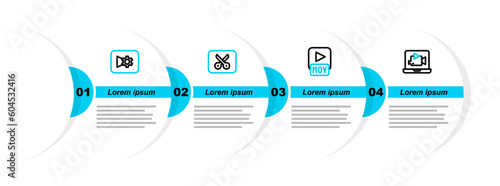 Set line Online play video, MOV file, Music or editing and settings icon. Vector