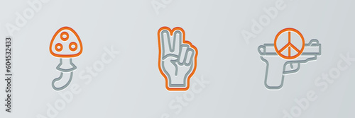 Set line No war, Psilocybin mushroom and Peace symbol icon. Vector