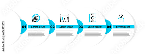 Set line Football or soccer commentator, field, Shorts for playing football and Soccer icon. Vector