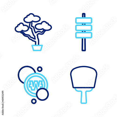 Set line Korean hand fan, South won coin, food tokpokki and Bonsai tree icon. Vector