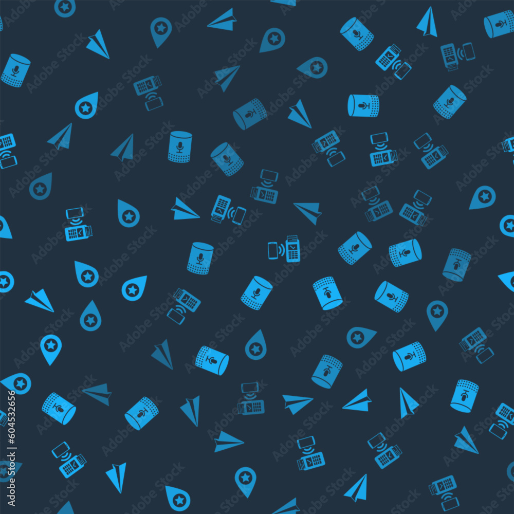 Set Paper plane, Voice assistant, POS terminal and Location with star on seamless pattern. Vector Set Paper plane, Voice assistant, POS terminal and Location with star on seamless pattern. Vector