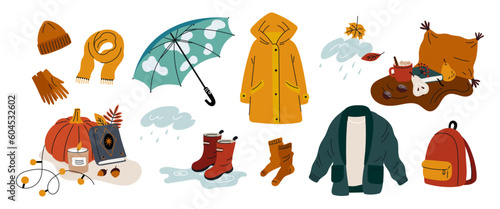 Cartoon autumn elements. Fall clothing and objects. Folding umbrella. Raincoat and warm hat. Rubber boots. Rain clouds. Pumpkin and Hygge book. Cozy wears and symbols. Garish vector set