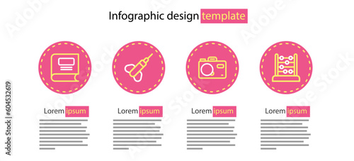 Set line Photo camera, Abacus, Dart arrow and Book icon. Vector