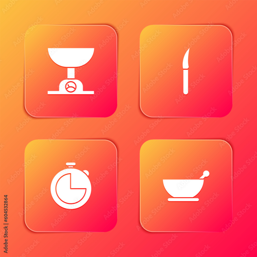 Set Electronic scales, Knife, Kitchen timer and Mortar and pestle icon. Vector Set Electronic scales, Knife, Kitchen timer and Mortar and pestle icon. Vector