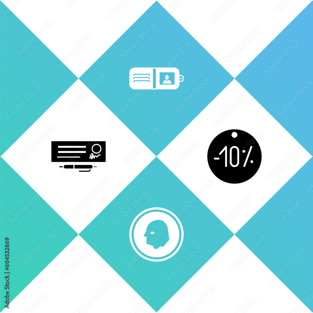 Set Bank check and pen, Coin money, Wallet and Ten discount percent tag icon. Vector