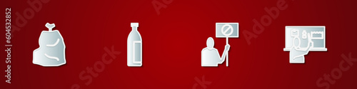 Set Garbage bag, Lotion cosmetic tube, Nature saving protest and Stop plastic pollution icon. Vector
