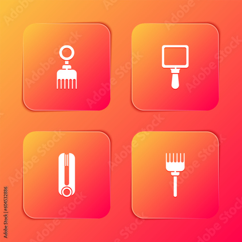 Set Hairbrush, Hand mirror, Curling iron for hair and icon. Vector