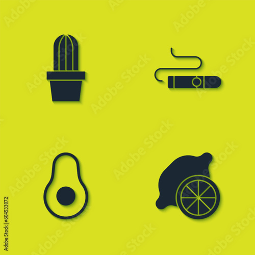 Set Cactus or succulent in pot, Lemon, Avocado fruit and Cigar icon. Vector