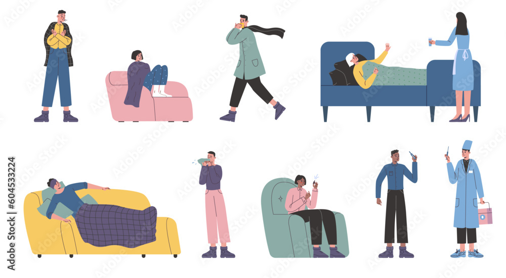 Cartoon people with seasonal flu medical symptoms. Sneezing men. Coughing women lying on bed. Catarrhal and viral diseases. Doctors check patients health. Vector fatigue persons set