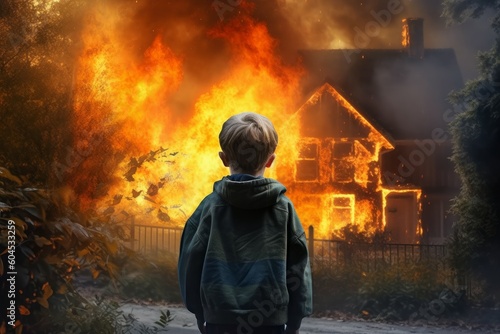 Firefighter child boy burning house. Generate Ai