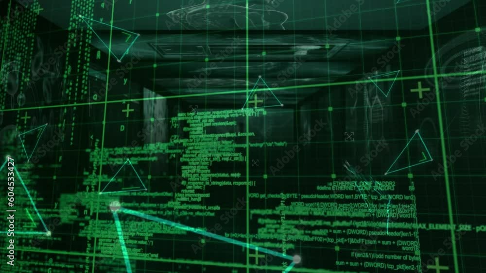 Animation of triangles spinning and data processing over grid Animation of triangles spinning and data processing over grid