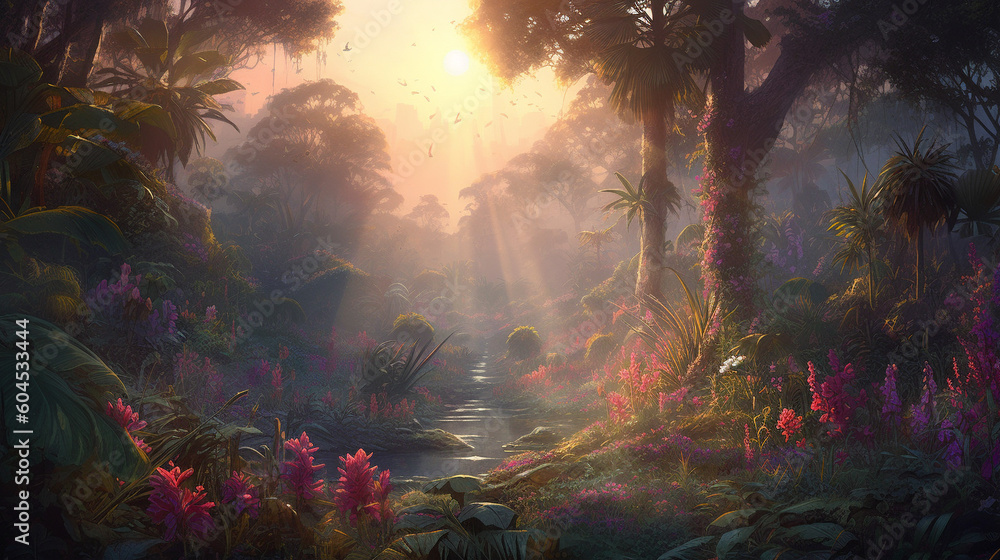 A breathtaking tropical jungle bathed in glow of dawn. Generative AI image