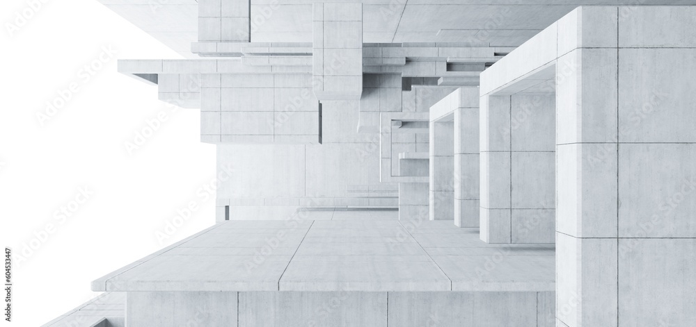 Abstract architectural minimalistic background. Contemporary showroom. Modern concrete exhibition tunnel. Empty gallery. Backlight. 3D illustration and rendering.