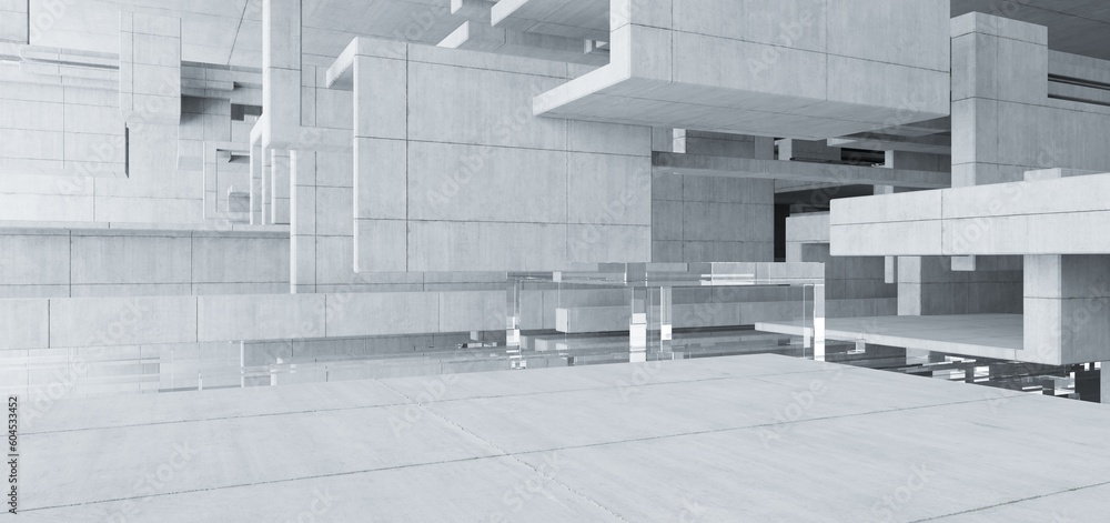 Abstract architectural minimalistic background. Contemporary showroom. Modern concrete exhibition tunnel. Empty gallery. Backlight. 3D illustration and rendering.