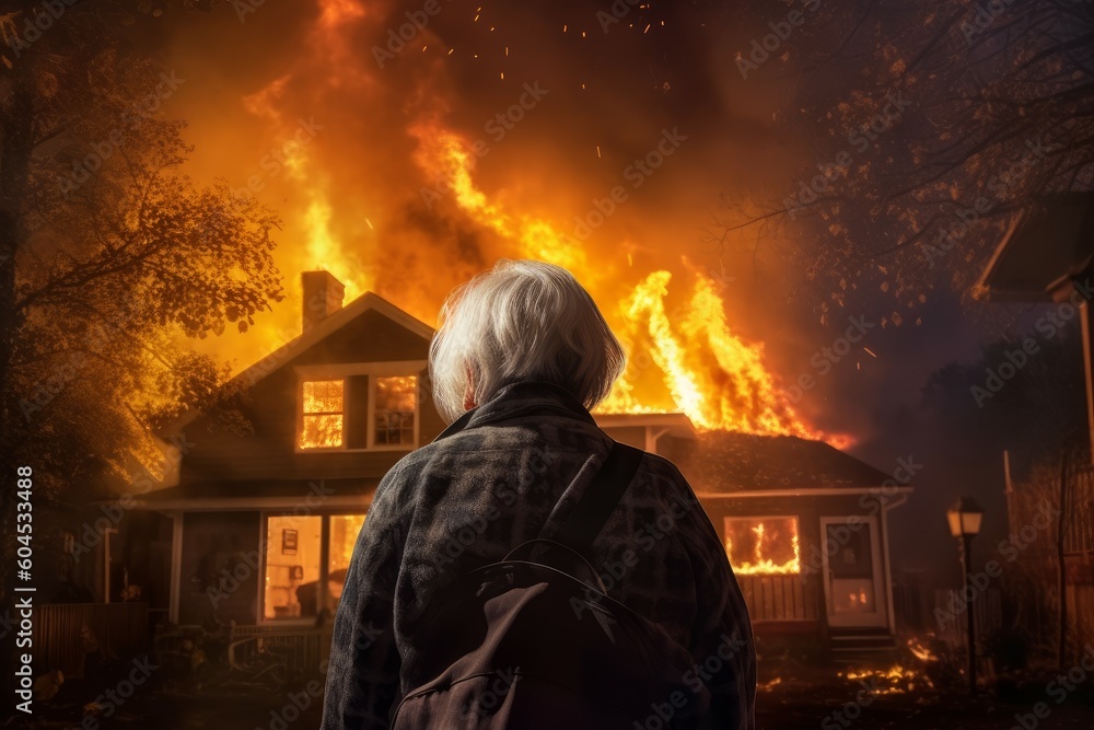 Firefighter old woman burning house. Generate Ai