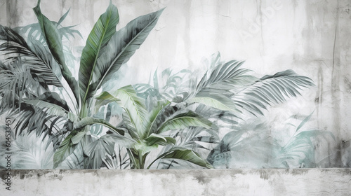 Palm leaves create silhouette against white wall backdrop. Generative AI image