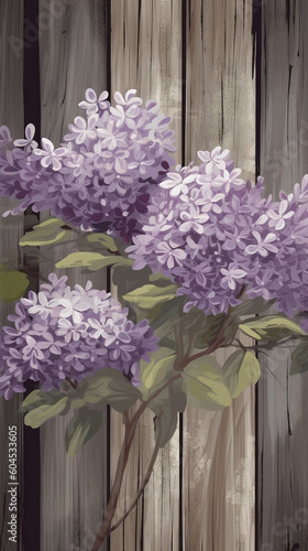 Beautiful lilac against a textured wooden background. Generative AI image