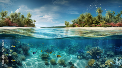 Vector illustration of sea with a colorful coral reef. Generative AI image