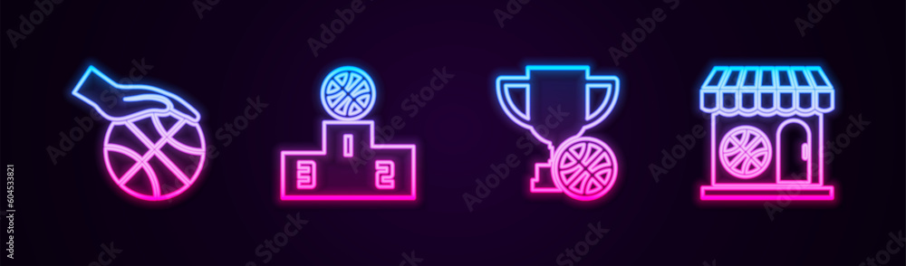 Set line Hand with basketball ball, Sports winner podium, Award cup and shop. Glowing neon icon. Vector Set line Hand with basketball ball, Sports winner podium, Award cup and shop. Glowing neon icon. Vector