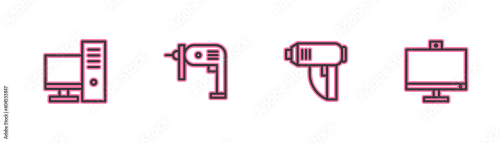 Obraz premium Set line Computer monitor, Electric industrial dryer, drill machine and icon. Vector