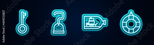Set line Pirate key, hook, Bottle with ship inside and Lifebuoy. Glowing neon icon. Vector