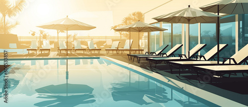 Vector illustration of poolside with sunbeds in hotel. Generative AI image