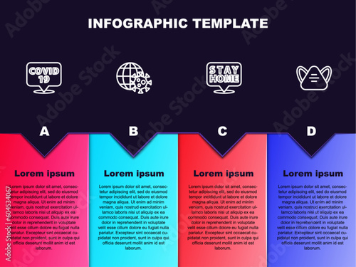 Set line Corona virus on location, Earth globe with, Stay home and Medical protective mask. Business infographic template. Vector