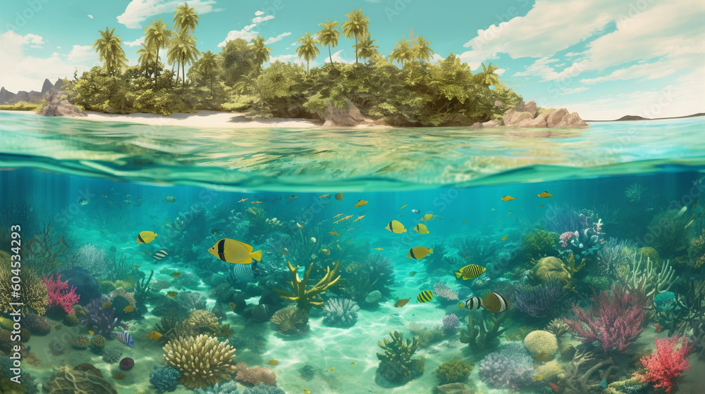 Vector illustration of sea with a colorful coral reef. Generative AI image