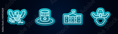 Set line Eagle, Patriotic American top hat, United States Capitol Congress and Sheriff cowboy. Glowing neon icon. Vector