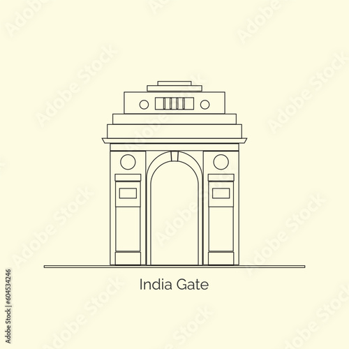 India Gate at New Delhi: Iconic 1920s Triumphal Arch and War Memorial - Line Art Vector, Illustration. Minimalist design of India Gate Delhi.