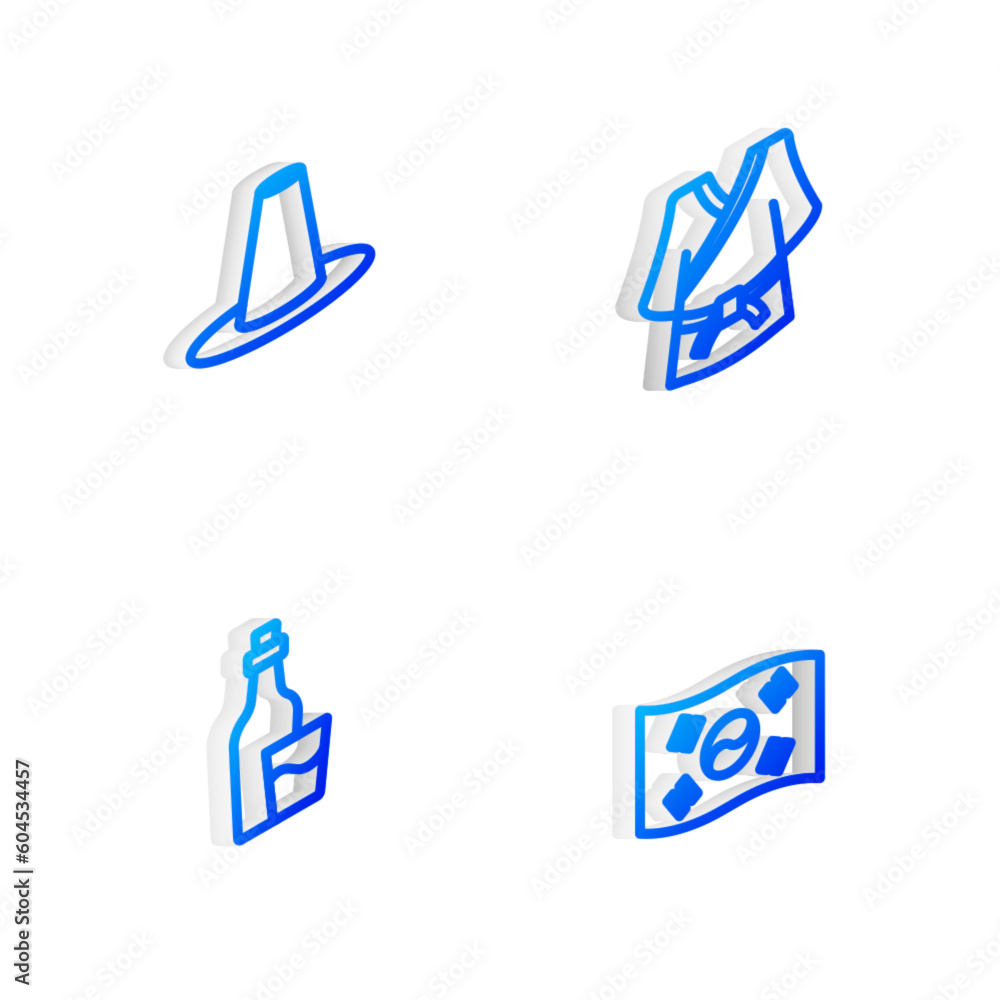 Set Isometric line Kimono, Korean hat, Soju bottle and South flag icon. Vector Set Isometric line Kimono, Korean hat, Soju bottle and South flag icon. Vector