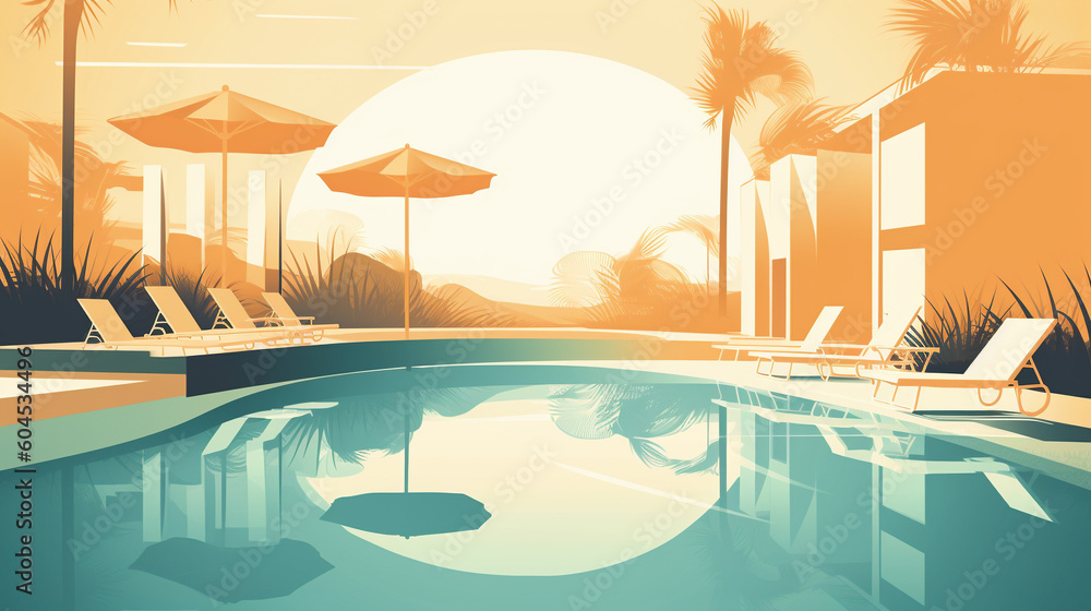 Vector illustration of poolside with sunbeds in hotel. Generative AI image